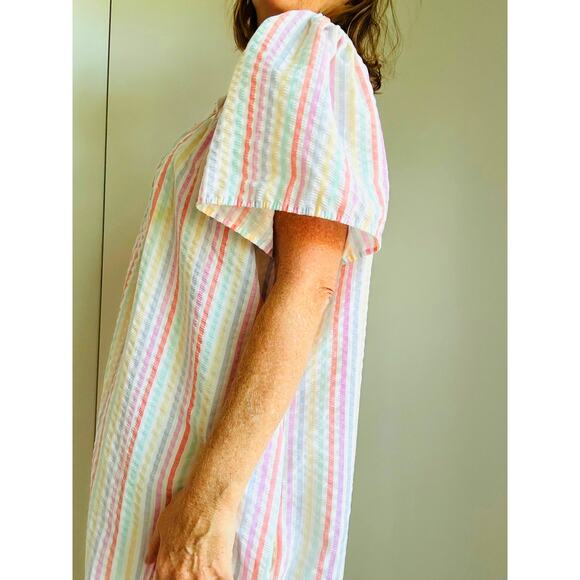 Vintage Womens Housedress Pastel Striped Size Large Collared Poolside Loungwear - Picture 6 of 8